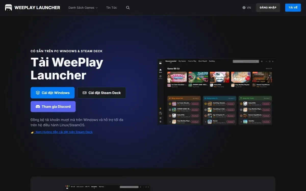 Trang tải WeePlay Launcher với lựa chọn Windows và Steam Deck